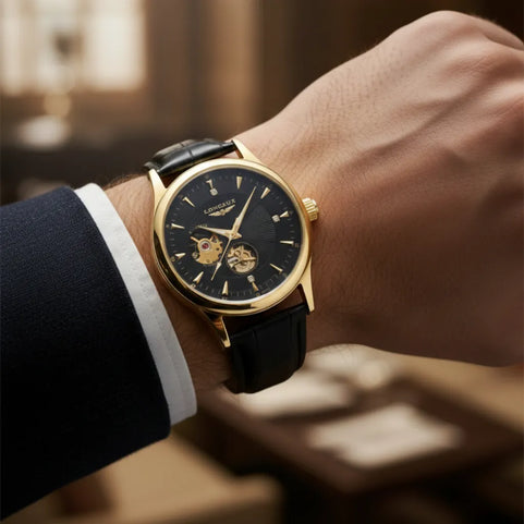 Detalhe do LongLux Dornell Black — mostrador esqueleto com engrenagens visíveis e ponteiros luminosos