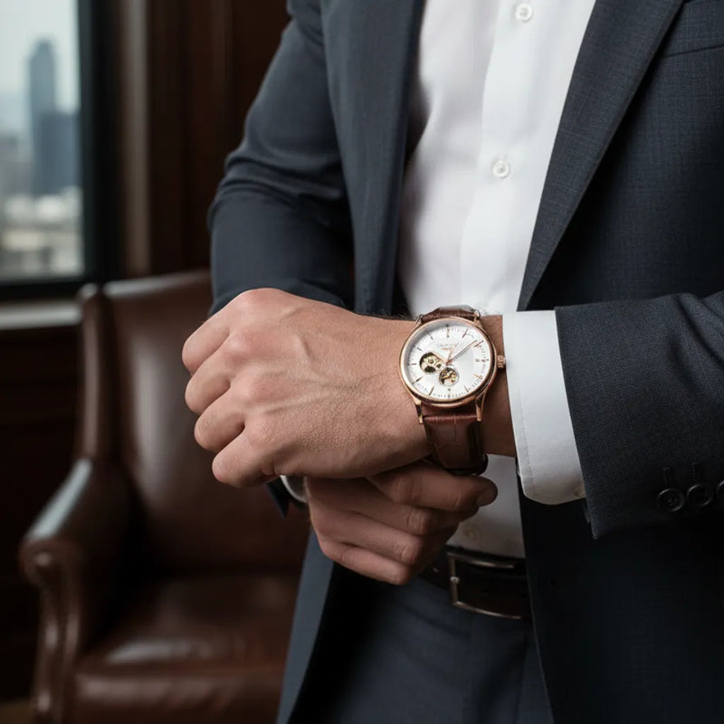 Relógio dourado LongLux Dornell Gold — detalhe do mostrador esqueleto mostrando engrenagens e ponteiros luminosos