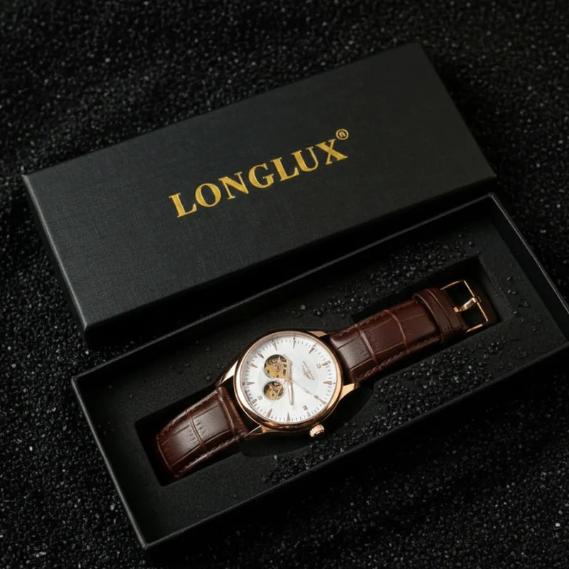 LongLux Dornell Gold — relógio de pulso automático com mostrador skeleton e acabamento dourado