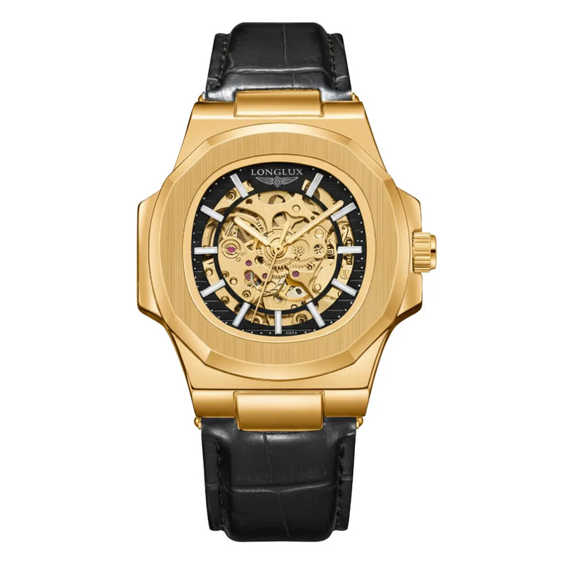 Relógio LongLux Vanguard relógio dourado em couro — mostrador esqueleto visto de frente no pulso