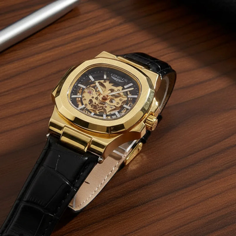 Movimento automático visível do LongLux Vanguard — engrenagens e balanço do relógio mecânico