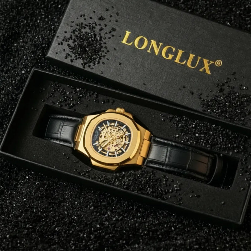 LongLux Vanguard — design dourado e mostrador esqueleto com caixa de formato irregular