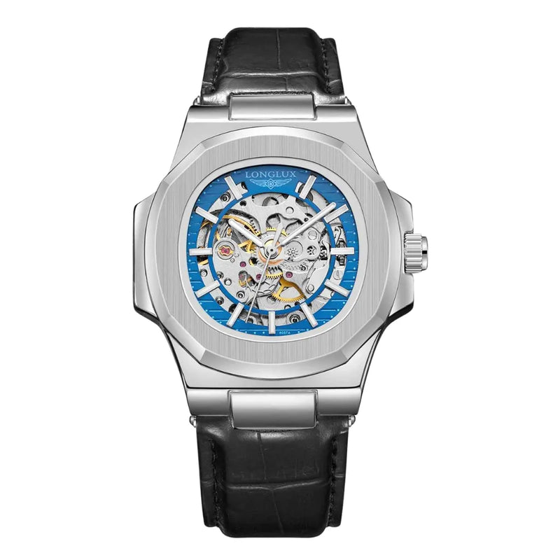 Relógio LongLux Vanguard Blue — relógio azul em couro com mostrador esqueleto visto de frente no pulso