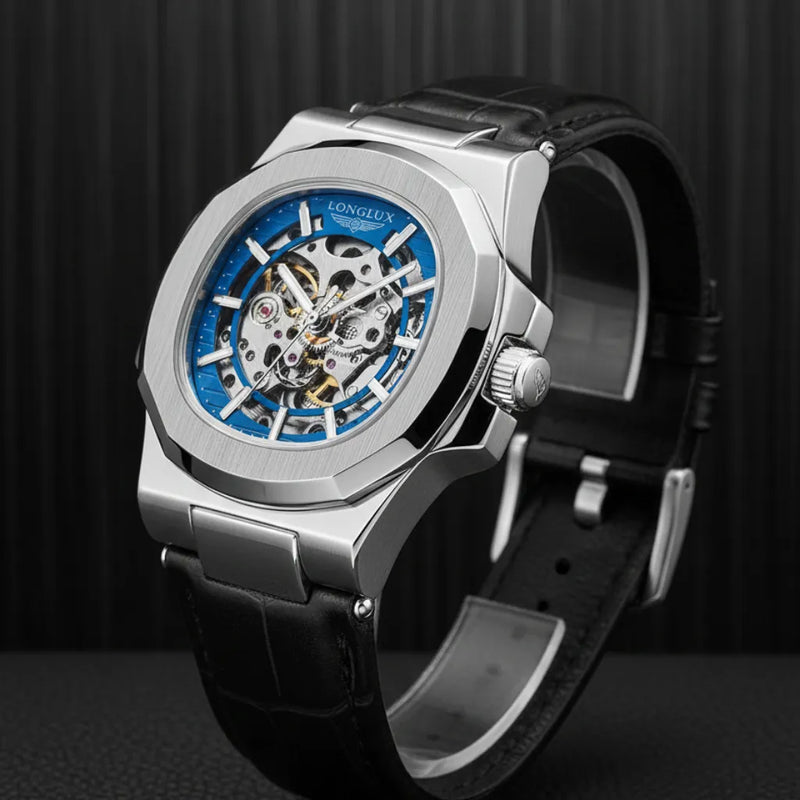 LongLux Vanguard Blue — detalhe do vidro Hardlex Mineral e ponteiros luminosos