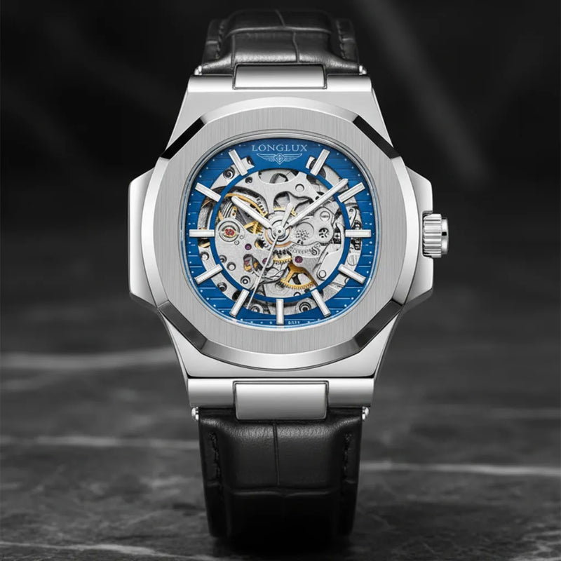 LongLux Vanguard Blue no pulso — relógio azul com pulseira em couro e caixa irregular